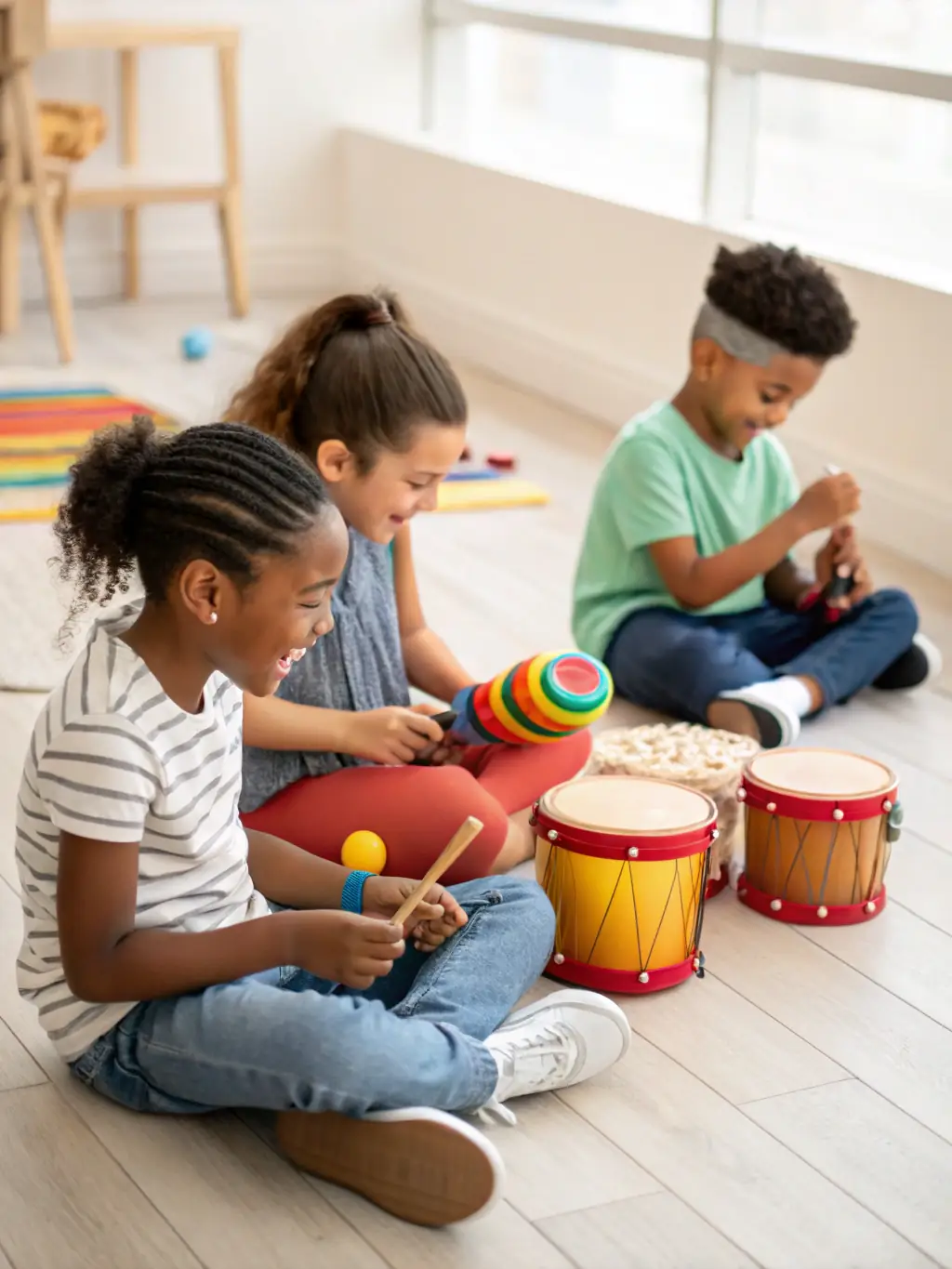 A group of children participating in a musical workshop, learning to play instruments and exploring their creativity.