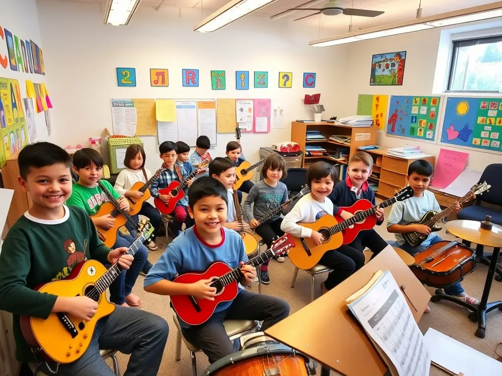 A vibrant image depicting children participating in a musical workshop, surrounded by instruments and instructors, showcasing the organization's commitment to music education.