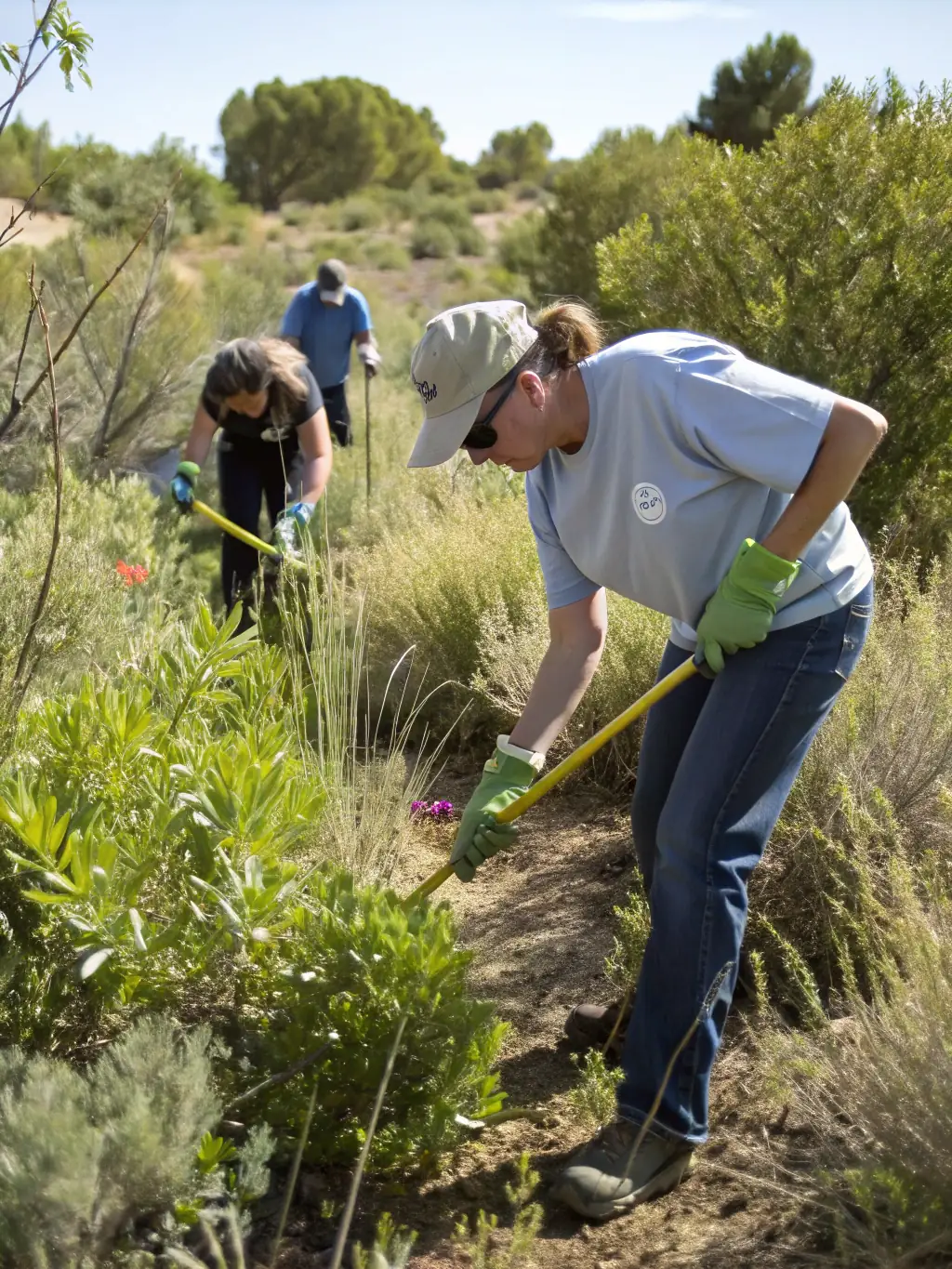Volunteers working together to maintain a trial riding site, clearing debris, repairing obstacles, and ensuring the safety of the area.