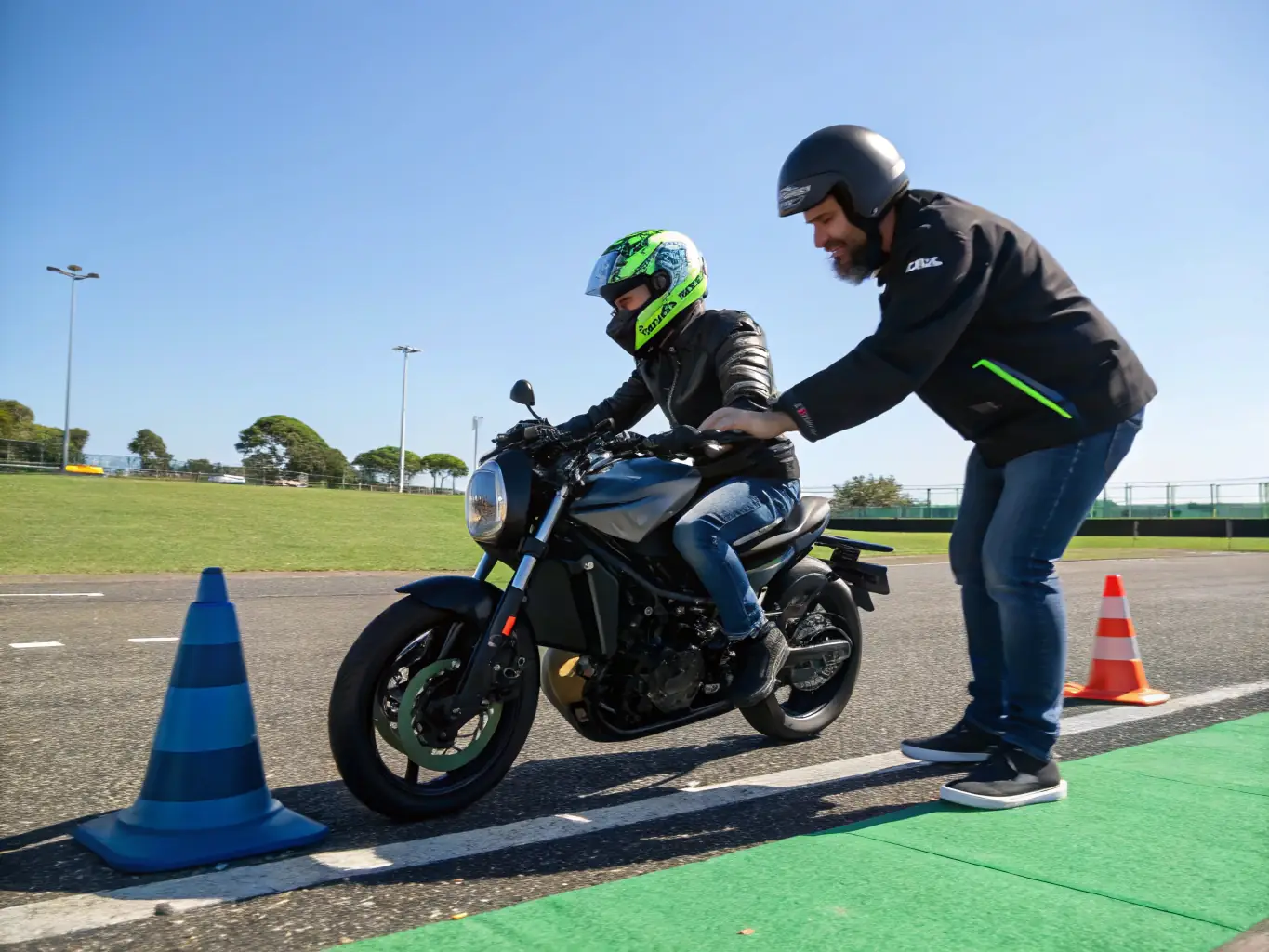 A photograph of a motorcycle trial instructor guiding a beginner rider through a basic obstacle course at the Trial Club Lourdais training site. The focus is on demonstrating fundamental techniques and safety practices.
