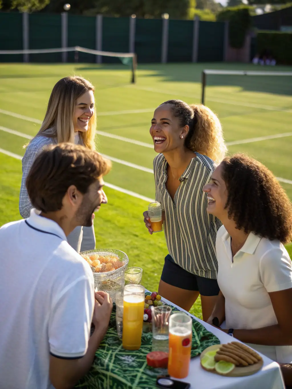 A social gathering of pickleball players, enjoying food and drinks after a match.