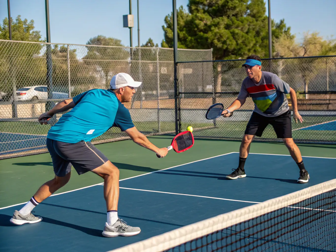 An action shot of an intermediate pickleball match at PARIS OUEST, showcasing players engaged in a competitive rally with focus and determination.
