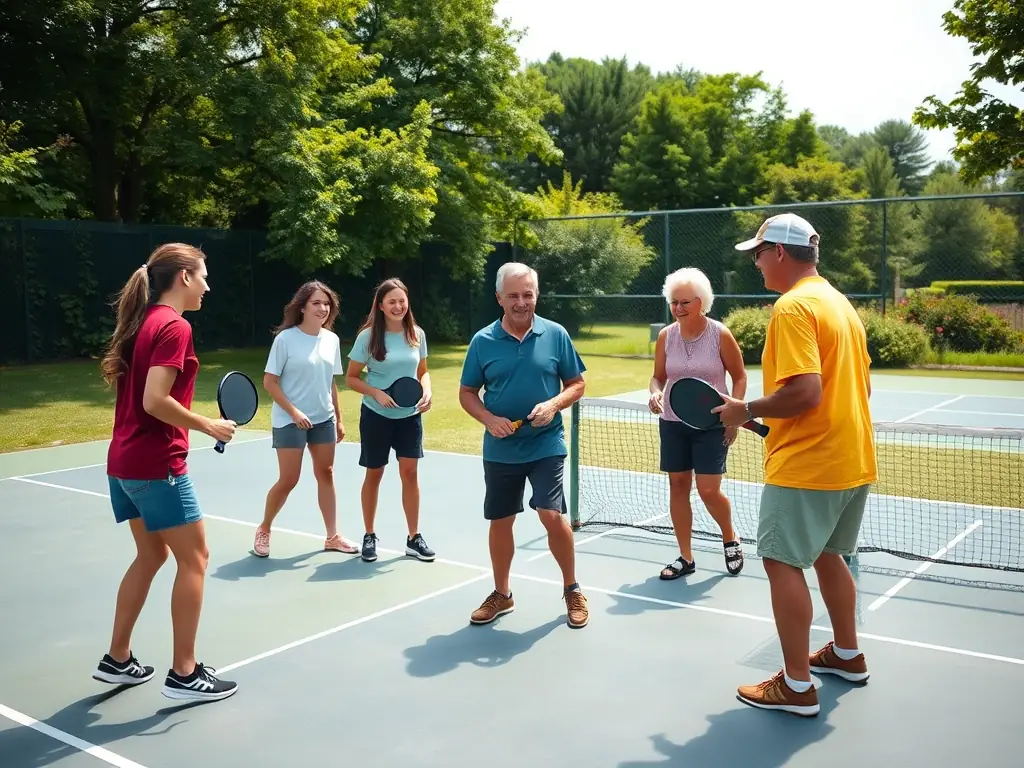 A dynamic shot of pickleball players engaged in a friendly match on a well-maintained court, showcasing the vibrant and active community at Pickleball Paris Ouest.