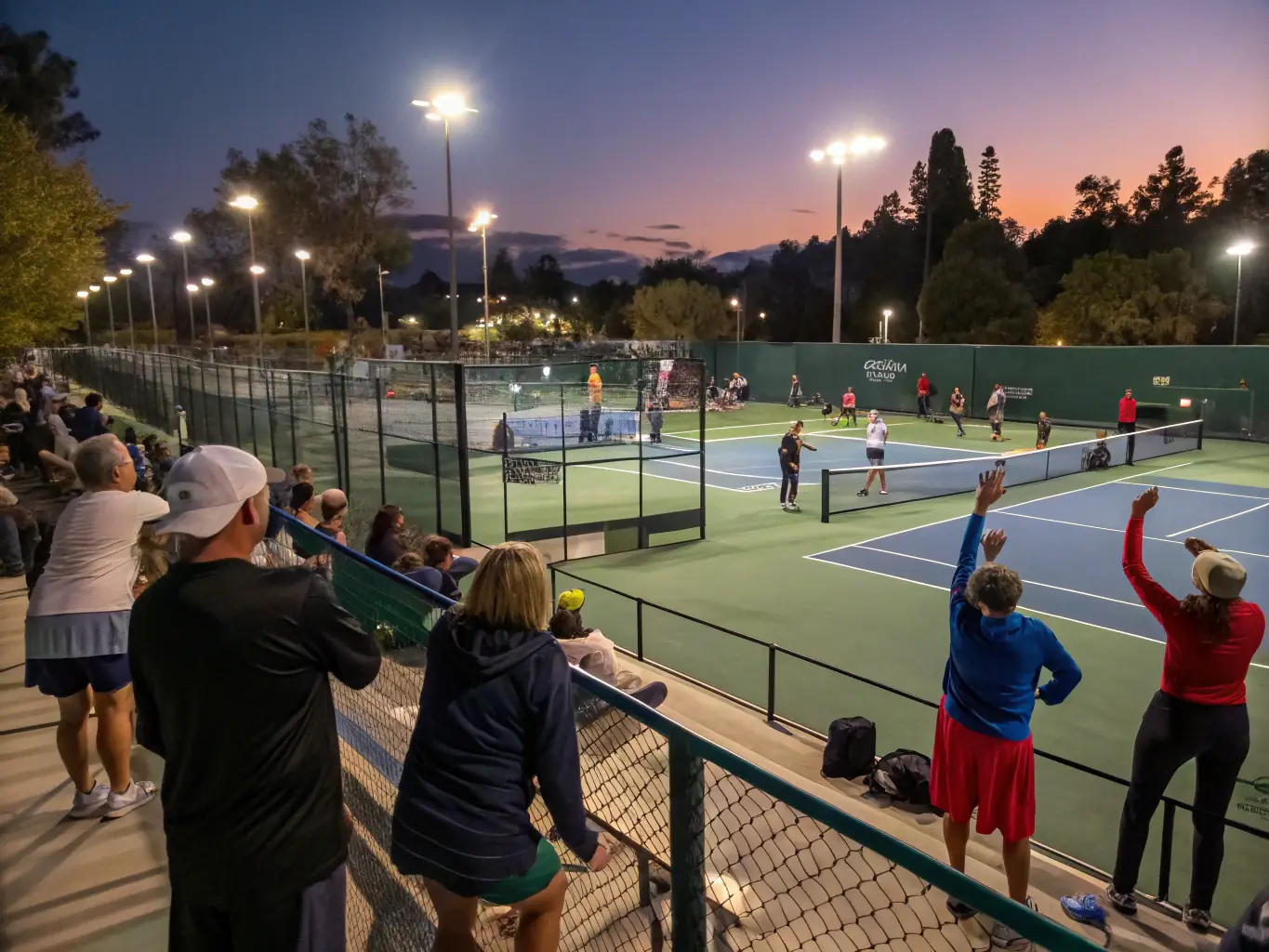 An action shot of a pickleball tournament in progress, highlighting the competitive yet friendly atmosphere of the organized events at Pickleball Paris Ouest.