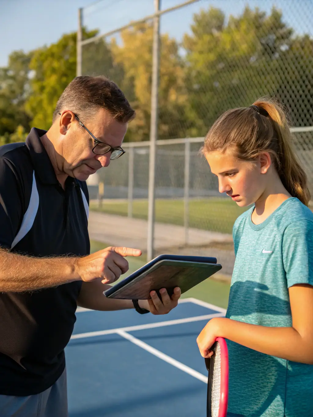 A group of people participating in a pickleball clinic, with a coach demonstrating techniques.