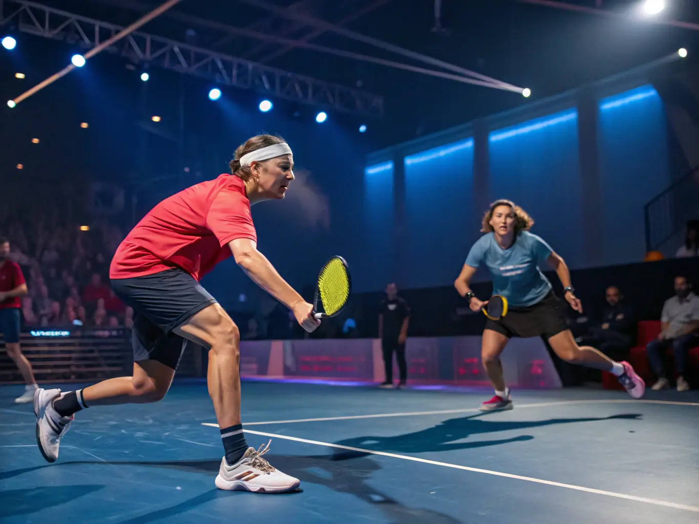 A dynamic image of an advanced pickleball tournament at PARIS OUEST, featuring skilled players executing complex shots and strategies in a high-stakes environment.