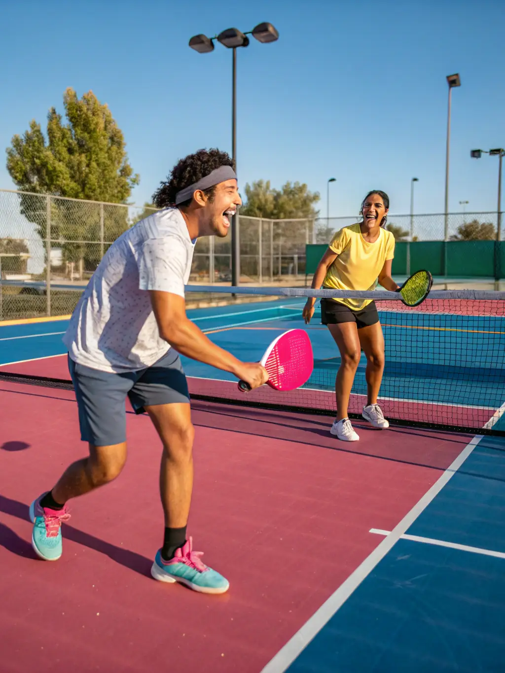 A dynamic shot of a pickleball tournament in Paris, focusing on intense gameplay and enthusiastic spectators.
