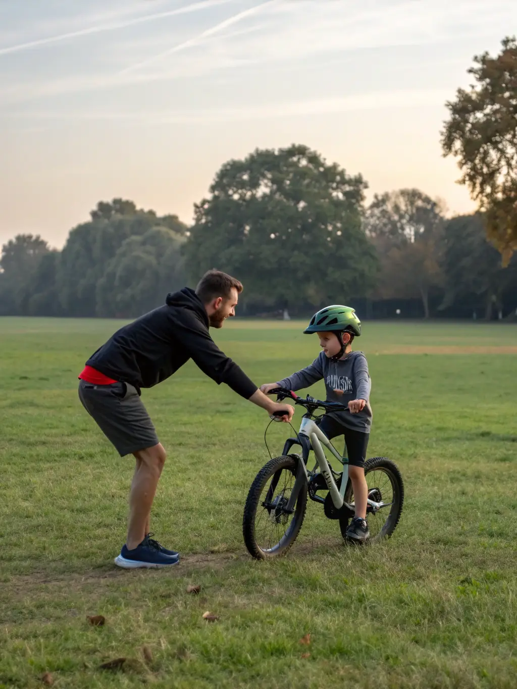 A group of beginners learning basic trial riding techniques on a flat, grassy area, with an instructor demonstrating the correct posture and balance.
