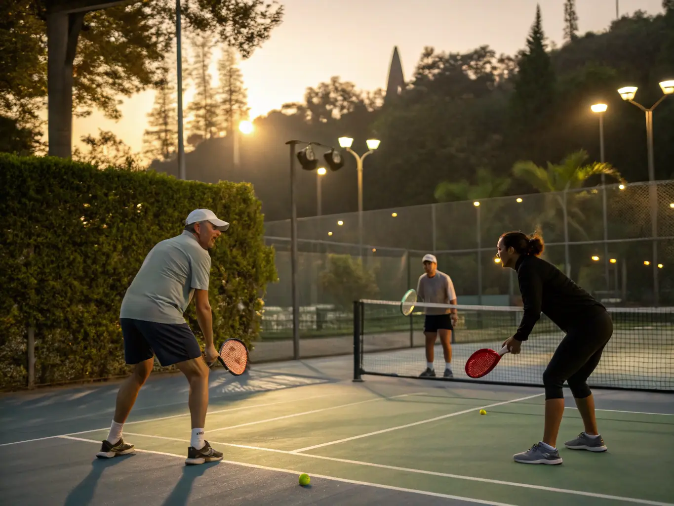 A dynamic shot of a pickleball training session in progress, with a coach demonstrating proper technique to a group of enthusiastic players on a well-maintained court.