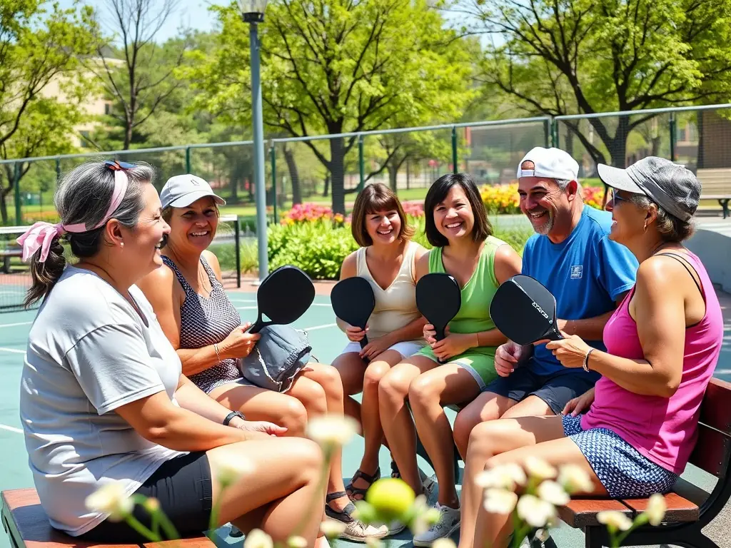 A group of smiling pickleball players gathered after a community event, highlighting the social and inclusive atmosphere of PICKLEBALL PARIS OUEST.
