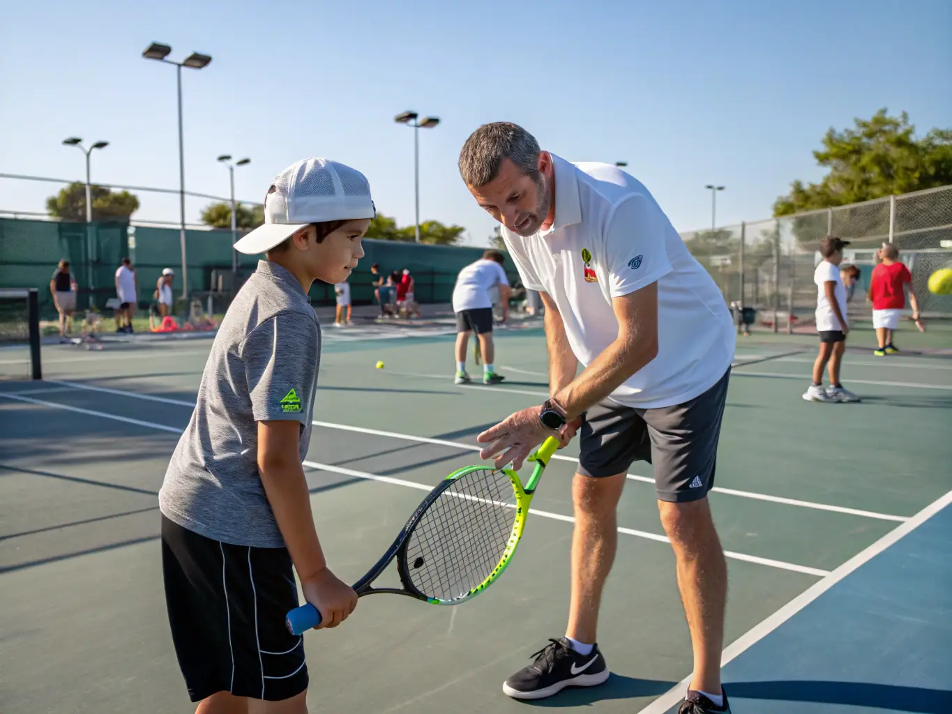 A vibrant image of a beginner pickleball training session at PARIS OUEST, showing a coach guiding new players on basic techniques and rules.